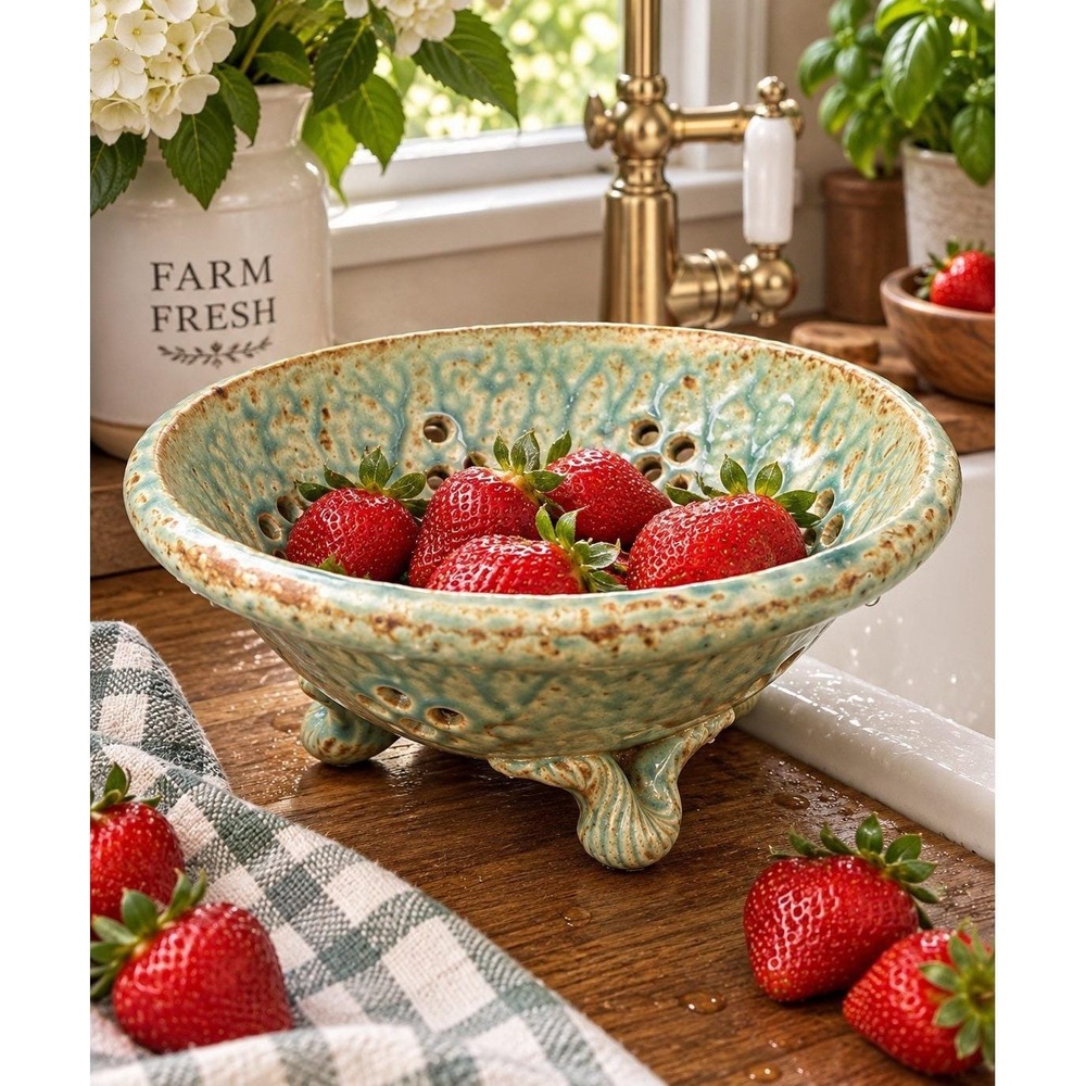 VTG Studio Pottery Berry Bowl Colander Strainer Aqua Glaze Footed Art Pottery